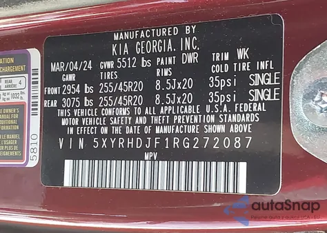 2024 Kia Sorento X-Line Ex из США, поврежденный, VIN 5XYRHDJF1RG272087